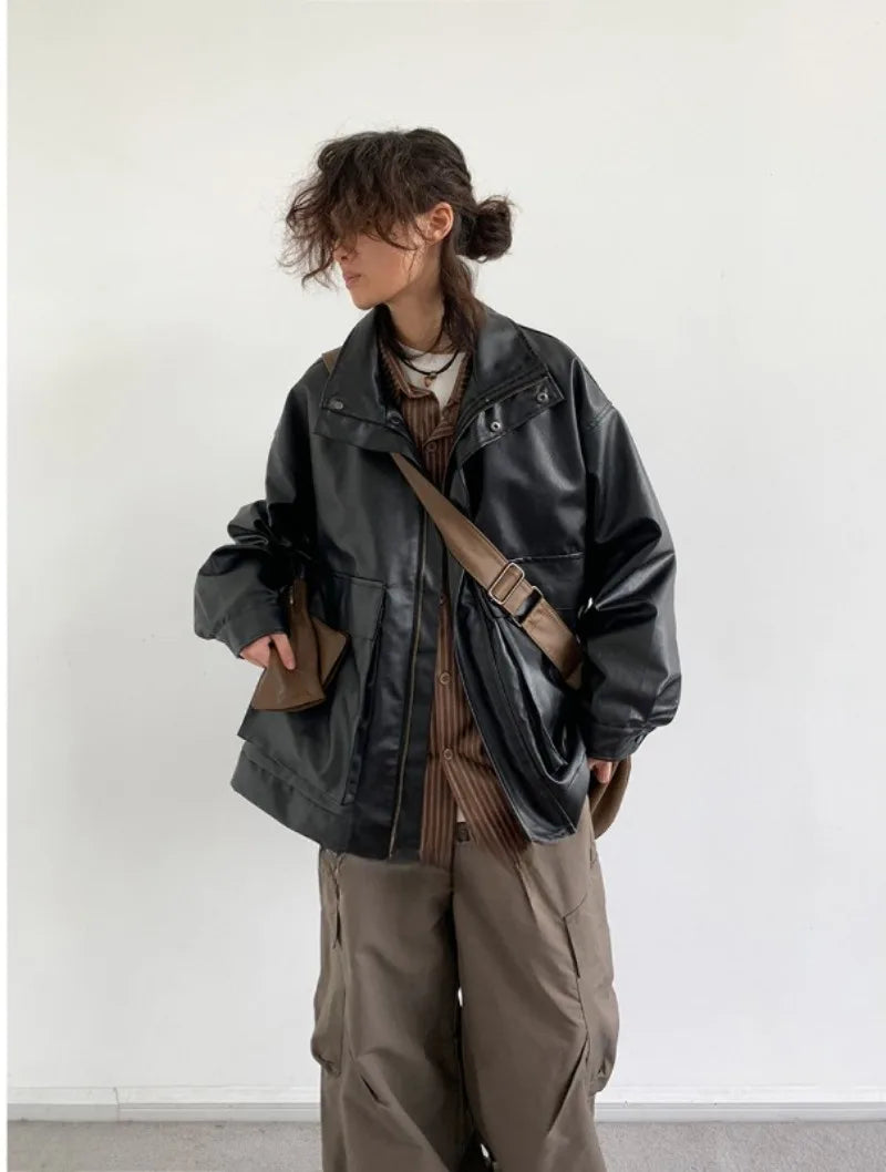 japanese spring pu leather jacket mens high street black profile tooling pilot jacket loose standing collar motorcycle outwear unique default style 2067