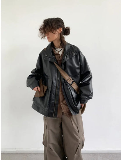japanese spring pu leather jacket mens high street black profile tooling pilot jacket loose standing collar motorcycle outwear unique default style 2067