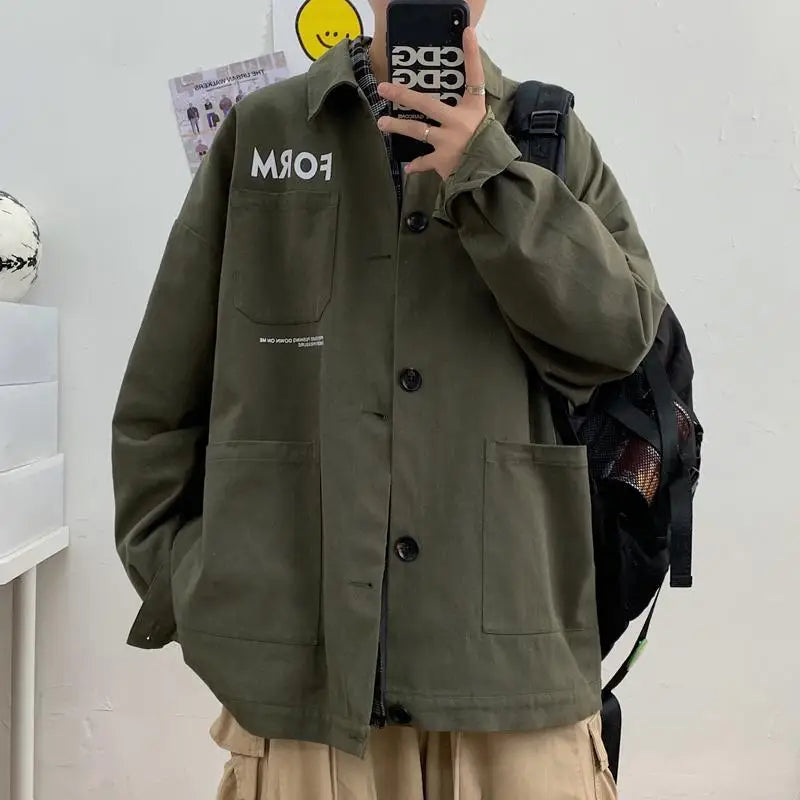 retro japanese workwear vintage style jacket mens spring and autumn korean version trendy handsome loose handsome jacket tops minimalist street pants