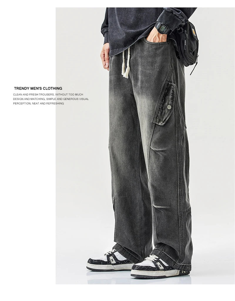 2025 new hip hop multi pockets straight jeans for men high street cargo denim pants spring y2k vintage distressed baggy jean unique cargo style 3364