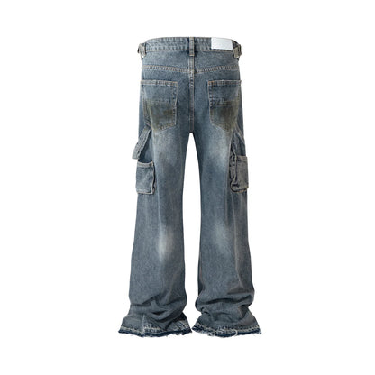 Streetwear Handmade Mud Dyed Dirty Blue Baggy Jeans for Men Distressed Hole Casual Patchwork Denim Trousers Oversized Street King Limited