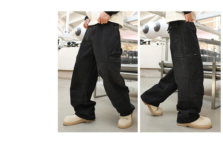 men american streetwear fashion loose casual hip hop wide leg black denim baggy jeans pants man y2k cargo jeans trousers unique cargo style 2219
