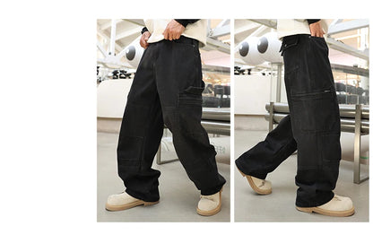 men american streetwear fashion loose casual hip hop wide leg black denim baggy jeans pants man y2k cargo jeans trousers unique cargo style 2219
