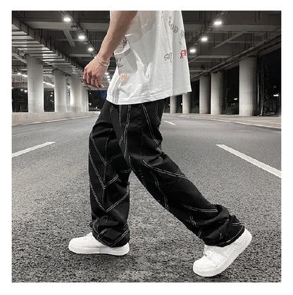 fashion design lines denim jeans mens zipper loose straight trousers hip hop new casual streetwear pants joggers baggy jeans unique joggers style 429