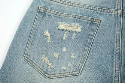 washed blue oversized torn jeans for men streetwear hip hop large destroyed wide leg jeans baggy straight ripped denim pants unique jeans style 4428