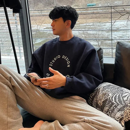 Cotton 2024 autumn and winter Korean style round neck sweatshirt men trendy brand handsome ins loose letter print top jacket emo Street King Limited