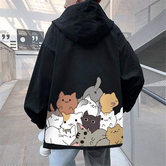 Black Cat Print Baseball Jacket Boys Long Sleeve Loose Ins Harajuku High Street Tops Streetwear Gothic Gray Bomber Jacket Men Street King Limited