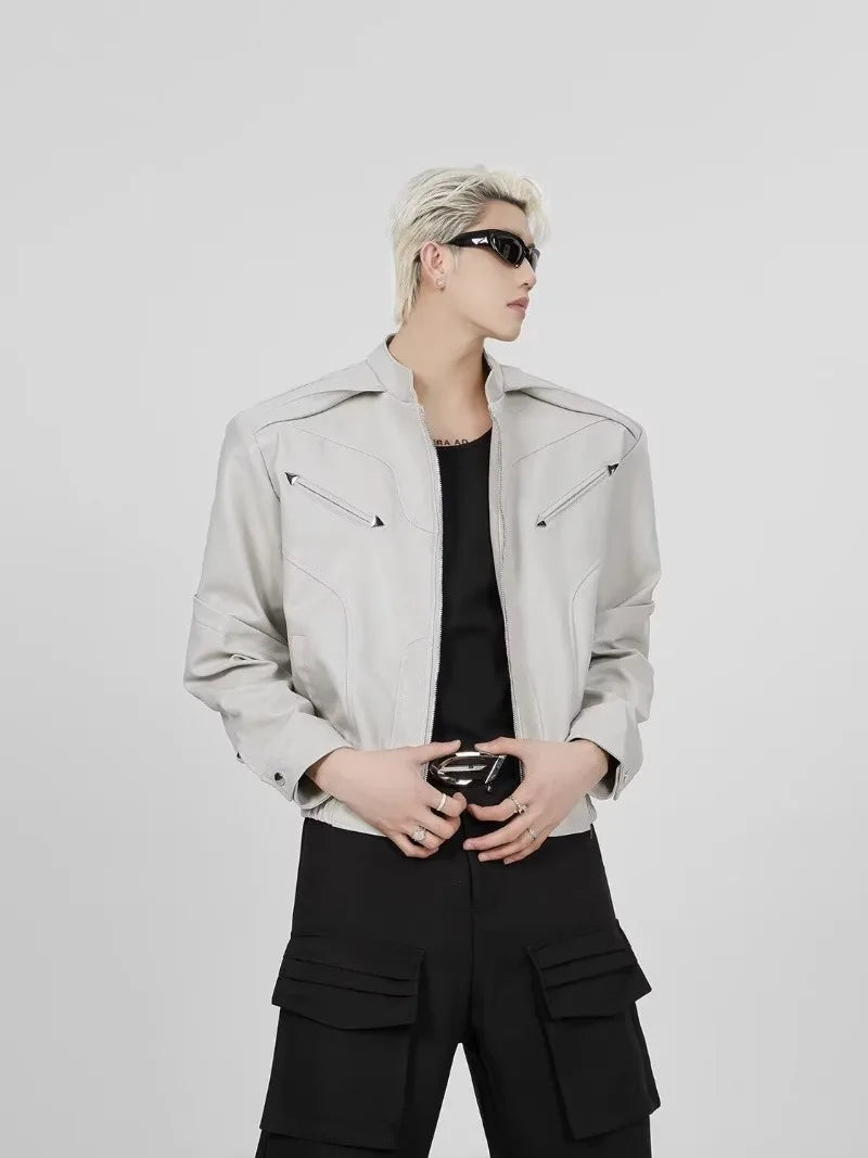 short pu leather jacket men shoulder pad stand collar trend bomber outwear 2023 korean streetwear zipper unisex motorcycle coat unique shorts style 2328
