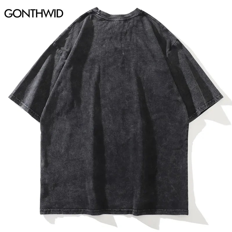 Distressed Oversize T Shirt Streetwear Japanese Anime Eyes Print Retro Tshirt 2023 Hip Hop Casual Cotton Loose T-Shirt Black Street King Limited
