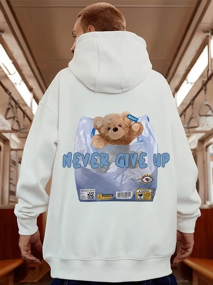 New Never Give Up Bear Printed Hoodies For Men Hip Hop Streetwear Pocket Pullover Sweatshirts Autumn Y2K Vintage Fleece Hoodie Street King Limited
