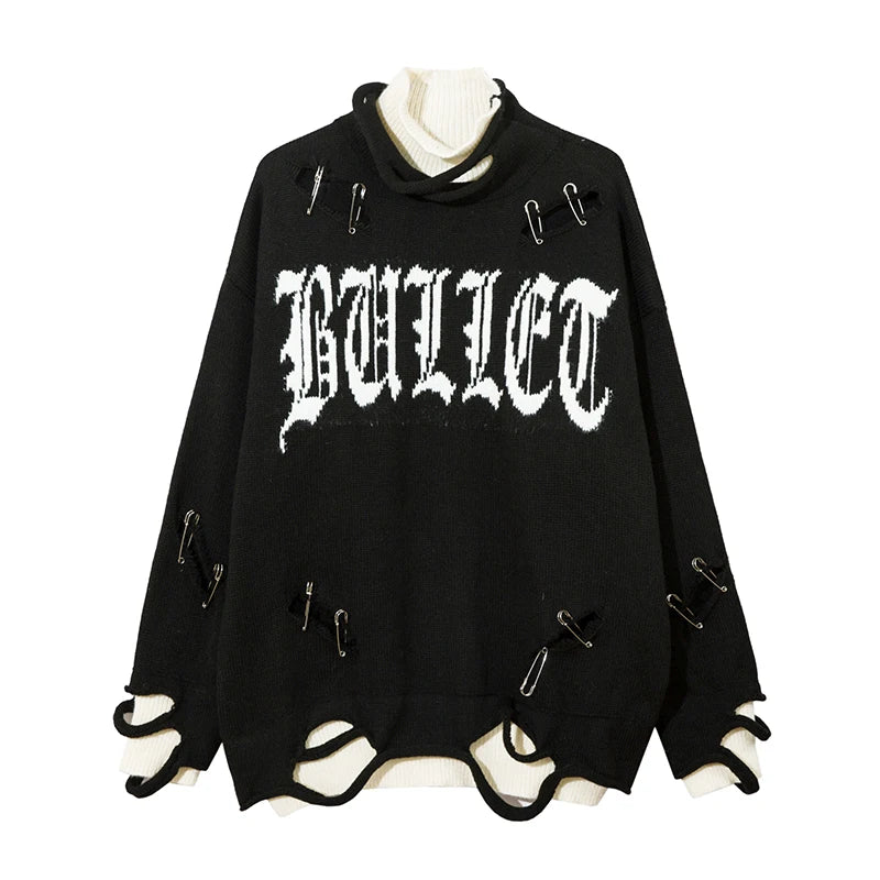 Men Knitted Sweater Harajuku Fake Two Pieces Loose Sweater Casual Ripped Holes Shoulder Long Sleeve Pullover Streetwear Sweaters Street King Limited