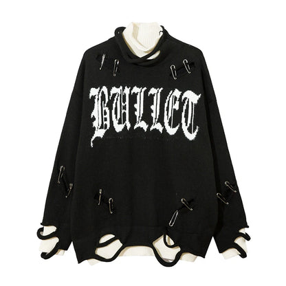 Men Knitted Sweater Harajuku Fake Two Pieces Loose Sweater Casual Ripped Holes Shoulder Long Sleeve Pullover Streetwear Sweaters Street King Limited