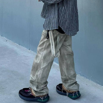 streetwear washed vintage ribbons logging jeans pants mens straight ropa hombre baggy cargos oversized loose denim overalls baggy cargo bottoms