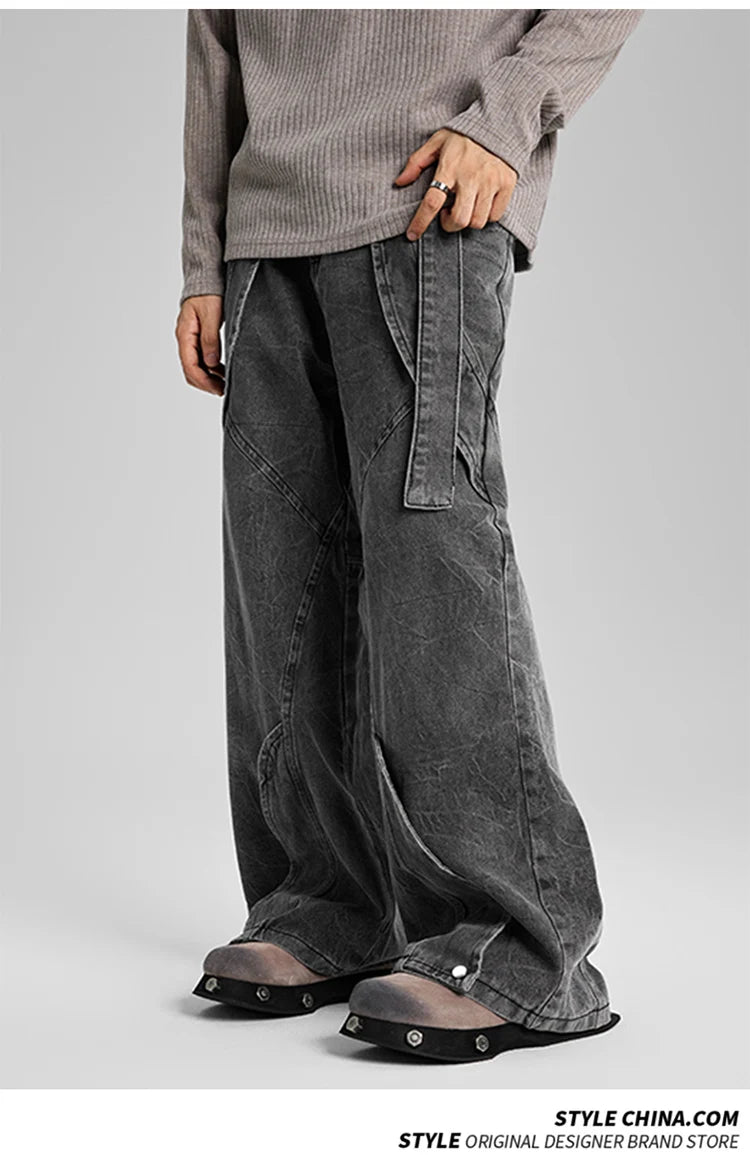 american high street vibe fashion splice jeans mens belt loose casual vintage wide leg straight denim baggy jeans pants trouser unique jeans style 1383