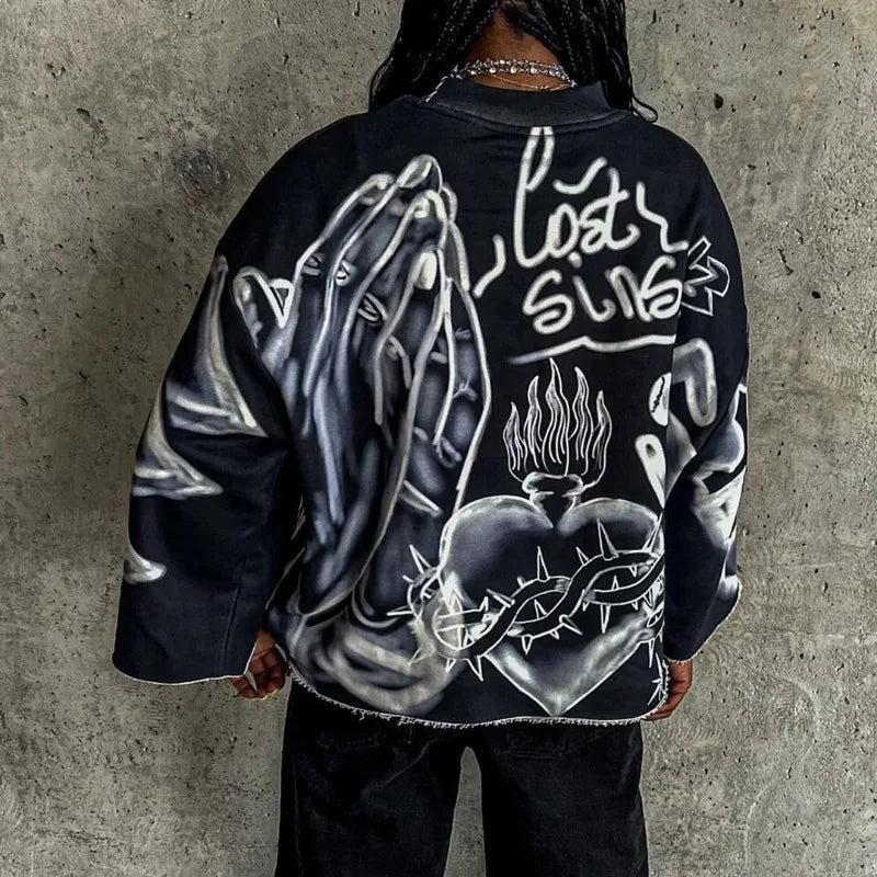 New American retro top street hip-hop oversized printed long sleeve men Y2k Harajuku fashion casual loose couple sweatshirt Street King Limited