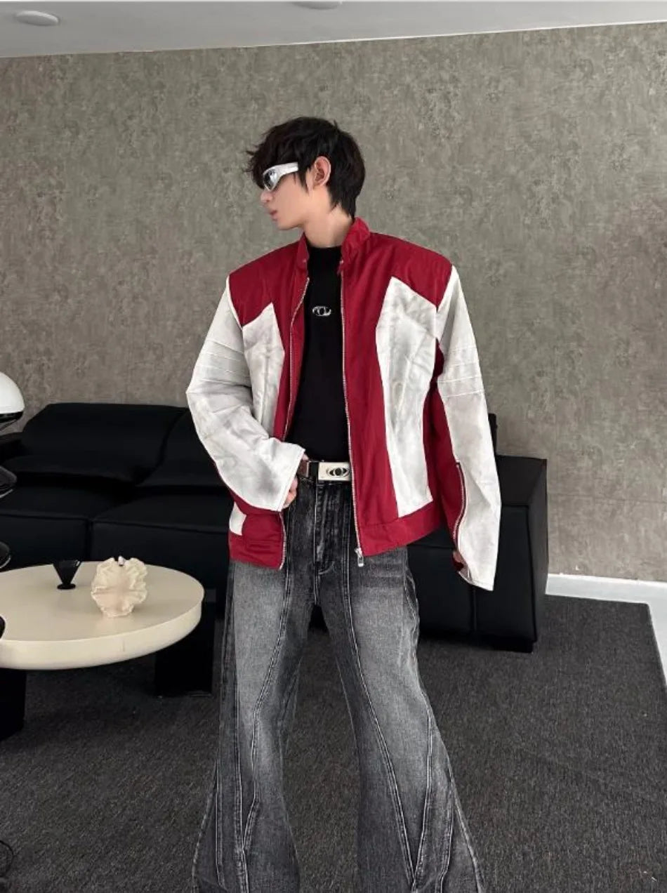 street american color block mens jacket 2024 new autumn zipper patchwork shoulder pads racing coats motorcycle windbreaker unique default style 3240