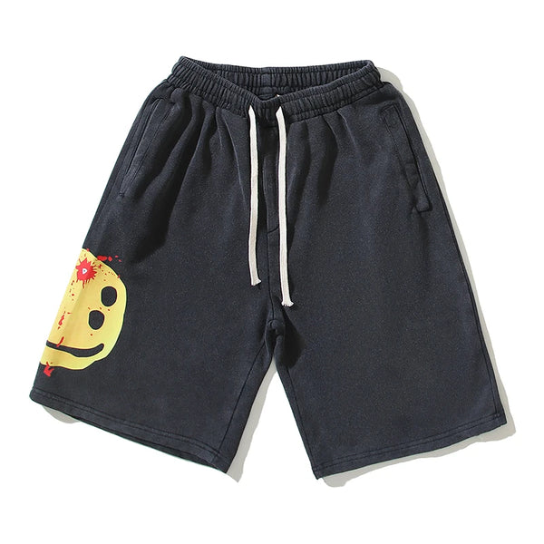 Broken Cartoon Face Painted Washed Baggy Terry Shorts Mens High Street Oversized Vintage Loose Five Point Pants Oversized Street King Limited