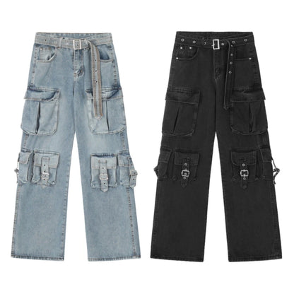 fashion loose streetwear cargo denim jeans unisex casual multi pocket straight jean pants with belt hip hop joggers baggy jeans unique joggers style 2706