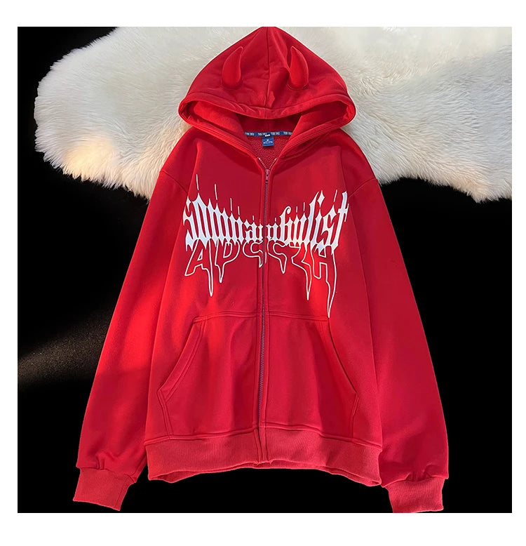 Y2K Kawaii Devil Horn Tail Hip Hop Badge Print Hoodies Cardigan Couples Street Loose Casual Zip Up Sweatshirt Harajuku Clothes Street King Limited