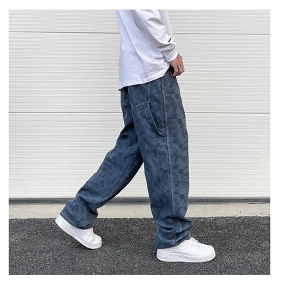 hip hop straight denim jeans pants fashion zipper paisley jeans streetwear mens new casual loose trousers jean pants joggers unique joggers style 3048
