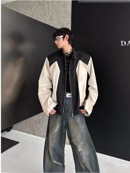 street american color block mens jacket 2024 new autumn zipper patchwork shoulder pads racing coats motorcycle windbreaker unique default style 3233