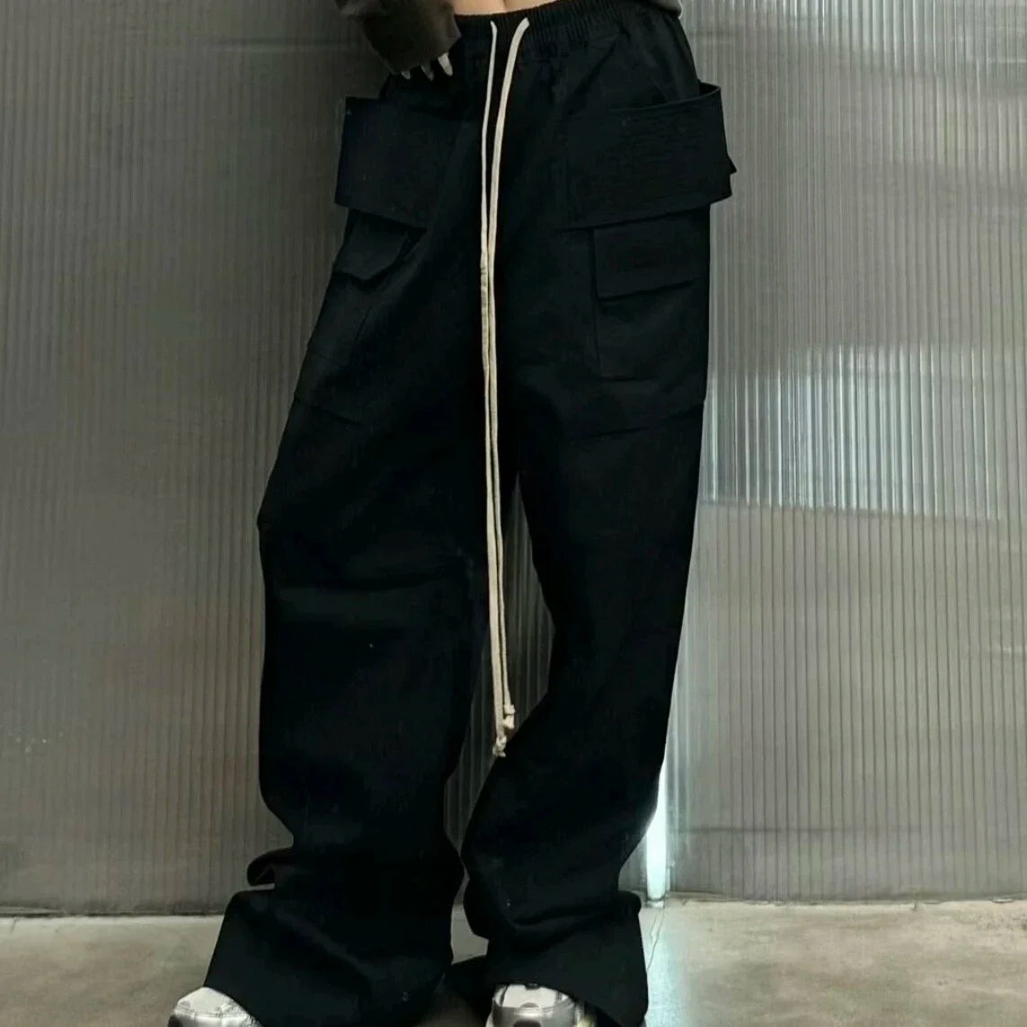 ro style double pockets drawstring wide leg cargo pants for men and women straight black baggy trousers oversized baggy cargo bottoms