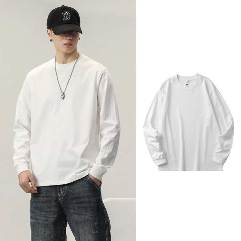 Cotton Long-Sleeved T-Shirt Men's Spring And Autumn Basic Solid Color Inner Loose Sweatshirt Men's White Bottoming Shirt Street King Limited