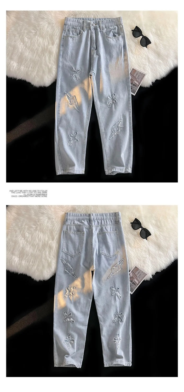 Korean Street Style Retro Pants Raw Edge Cross Jeans Design Y2K Personality Men and Women Niche Hip-hop Loose Sports Jeans Street King Limited