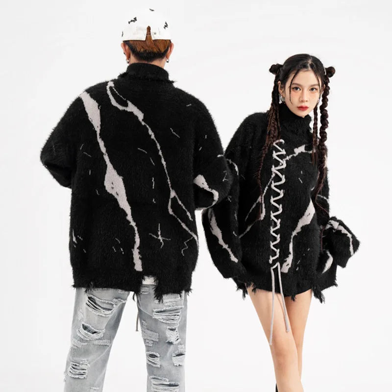 Front Lace Up Tie Dye Frayed High Neck Sweaters Men's High Street Retro Casual Oversized Unisex Woolen Clothes Knitted Sweater Street King Limited