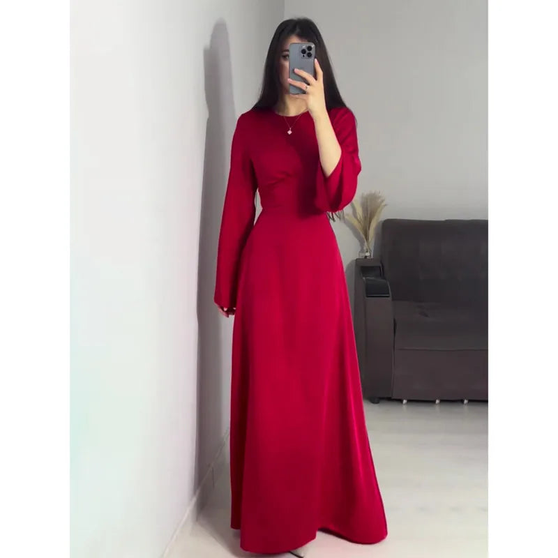 2024 Women Satin Long Dresses Sexy Lace Up Slim Evening Dresses Simple Round Neck Flare Sleeve Birthday Party Dresses For Women Street King Limited