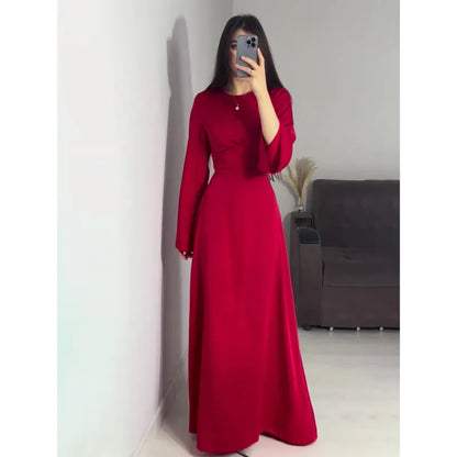 2024 Women Satin Long Dresses Sexy Lace Up Slim Evening Dresses Simple Round Neck Flare Sleeve Birthday Party Dresses For Women Street King Limited