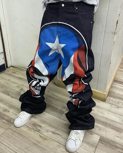 y2k harajuku high street fashion brand fashion washed jeans street hip hop high waist animation printed oversized wide leg pants stacked flare jeans