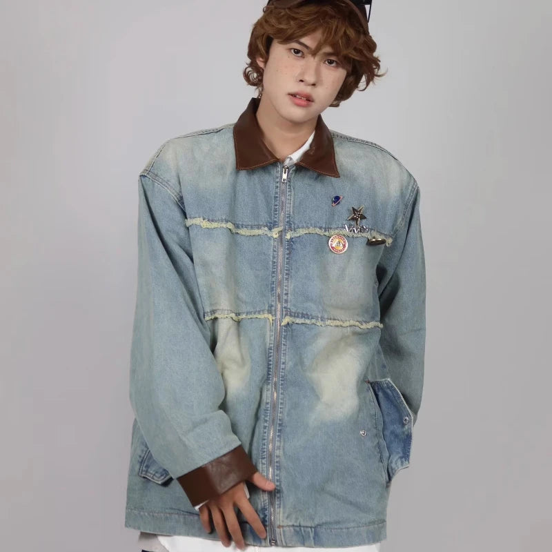 burr edge vintage mens denim jacket spring american patchwork lapel washed cowboy coats loose harajuku couple outwear new ripped baggy denim