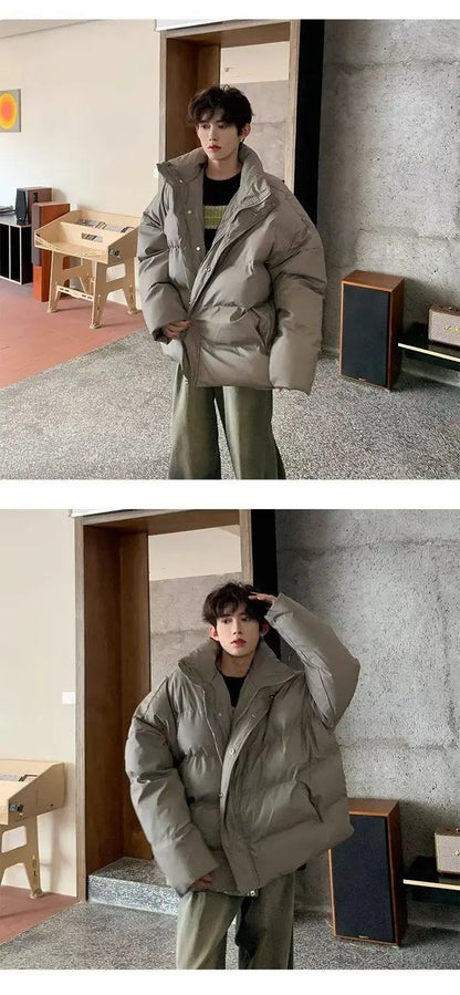 Winter Korean style stand up collar trend PU leather men and women high-end feeling thick cotton jacket couple loose casual top Street King Limited