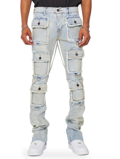 heavy industry multi pockets design denim cargo pants mens streetwear men clothing y2k aesthetic elastic slim fit jeans for man combat utility trousers
