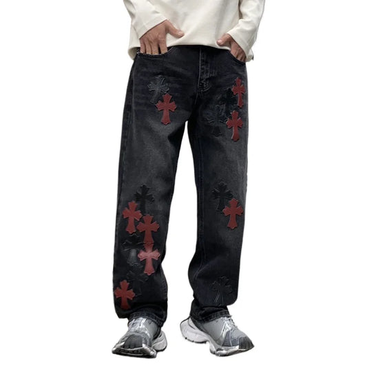 men embroidery streetwear brand fashion hip hop loose casual straight motorcycle denim jeans pant cityboy y2k jeans trousers vintage washed jeans