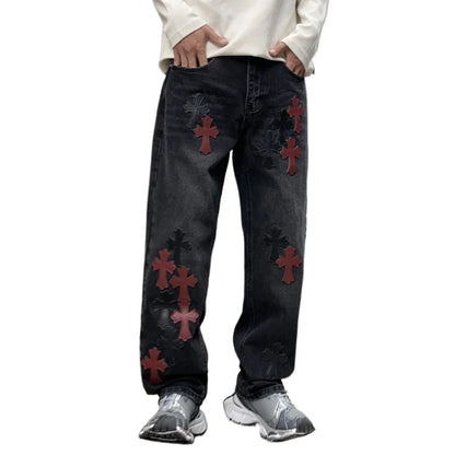 men embroidery streetwear brand fashion hip hop loose casual straight motorcycle denim jeans pant cityboy y2k jeans trousers unique jeans style 2380