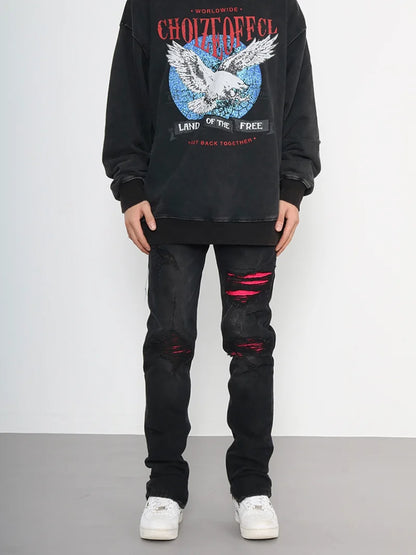 knee ripped patchwork jeans for men hip hop skinny biker taped jean trouser slim fit black denim pants fashion streetwear jogger casual joggers