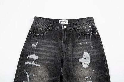 y2k frayed hole damaged washed black baggy jeans for men streetwear straight casual denim trousers ropa hombre loose cargo pants unique cargo style 2453