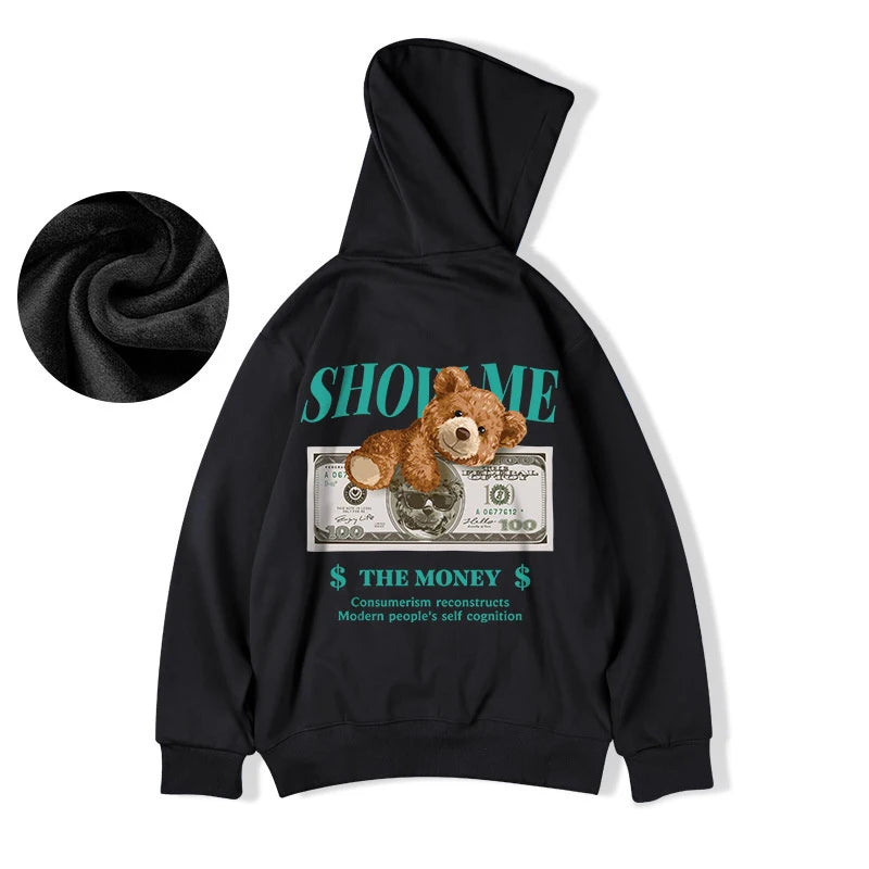 Money Bear Print Fleece Hoodies For Men Autumn Hip Hop Hooded Sweatshirts Unisex Pullovers Streetwear y2k Hoodie Tracksuit Homme Street King Limited