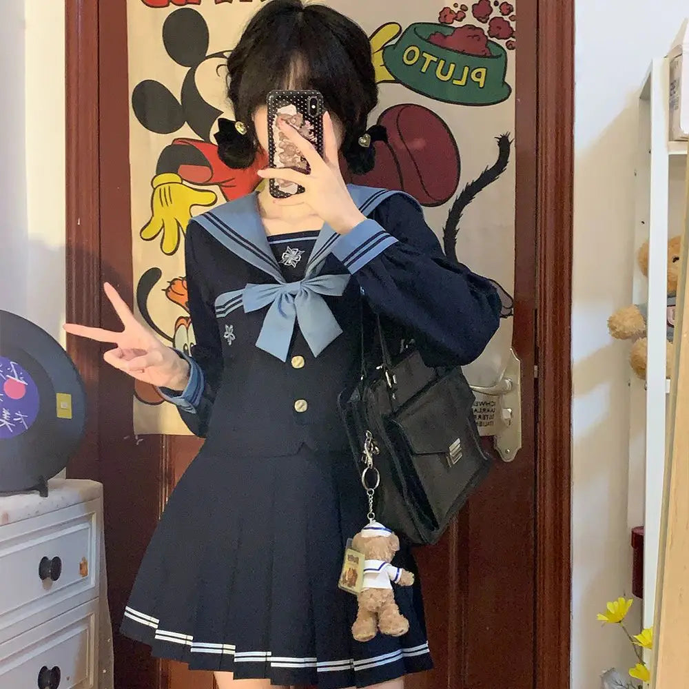 Student Union JK Uniform Sailor Suit Blue Skirt Long Sleeve Navy Collar Bow Tie Two Colors Two-piece Set Vitality Kawaii Street King Limited