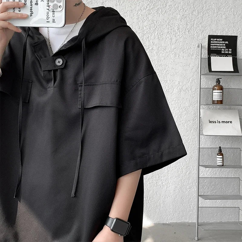 5 Colors Summer Hooded T shirt Men Korean Half Sleeve Pullover Streetwear Loose T-shirt Tops Drawstring Men Clothing Street King Limited