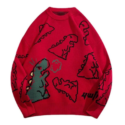 Fashion Knitted Sweater Autumn Winter O-neck Dinosaur Pattern Pullover Streetwear Unisex Casual Loose Sweaters Jumper Knitwears Street King Limited
