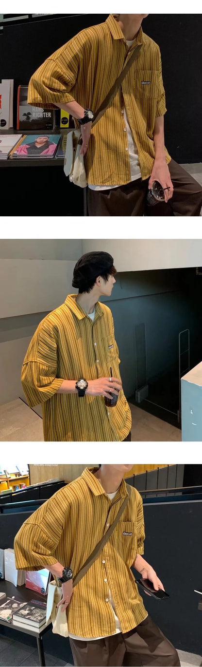 Streetwear Summer Mens Vintage Striped Shirts Letter Print Short Sleeve Casual T 2024 Summer Mens Vintage Striped Shirts Letter Print Short Sleeve Casual T Shirt Clothing Y2K Streetwear Loose Social Camisas Fashion Sweater Jacket With Graphic Design For Men