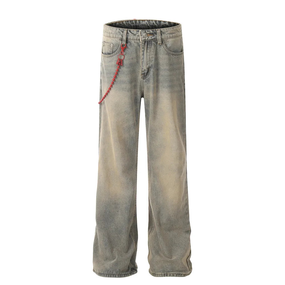 red chain pendant washed vintage jeans men women streetwear fashion hip hop loose casual wide leg denim jeans pants trousers unique jeans style 1425