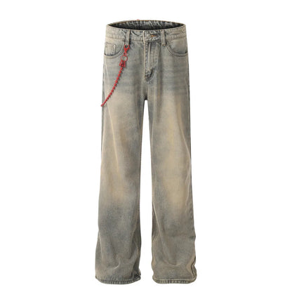 red chain pendant washed vintage jeans men women streetwear fashion hip hop loose casual wide leg denim jeans pants trousers unique jeans style 1425