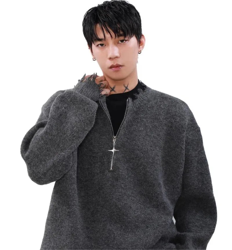 American High Street Mens Sweater 2024 New Autumn Half Zipper Fashion Knitted Tops Damaged Hip-hop Irregular Hem Pullover Street King Limited