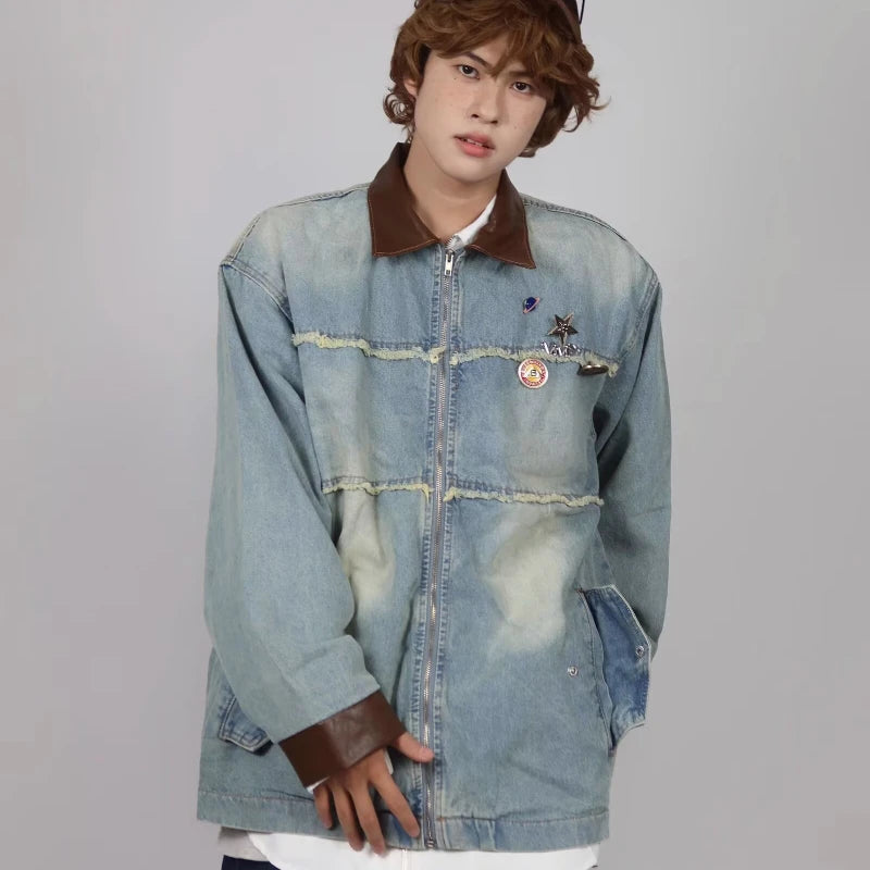 burr edge vintage mens denim jacket spring american patchwork lapel washed cowboy coats loose harajuku couple outwear new vintage washed jeans