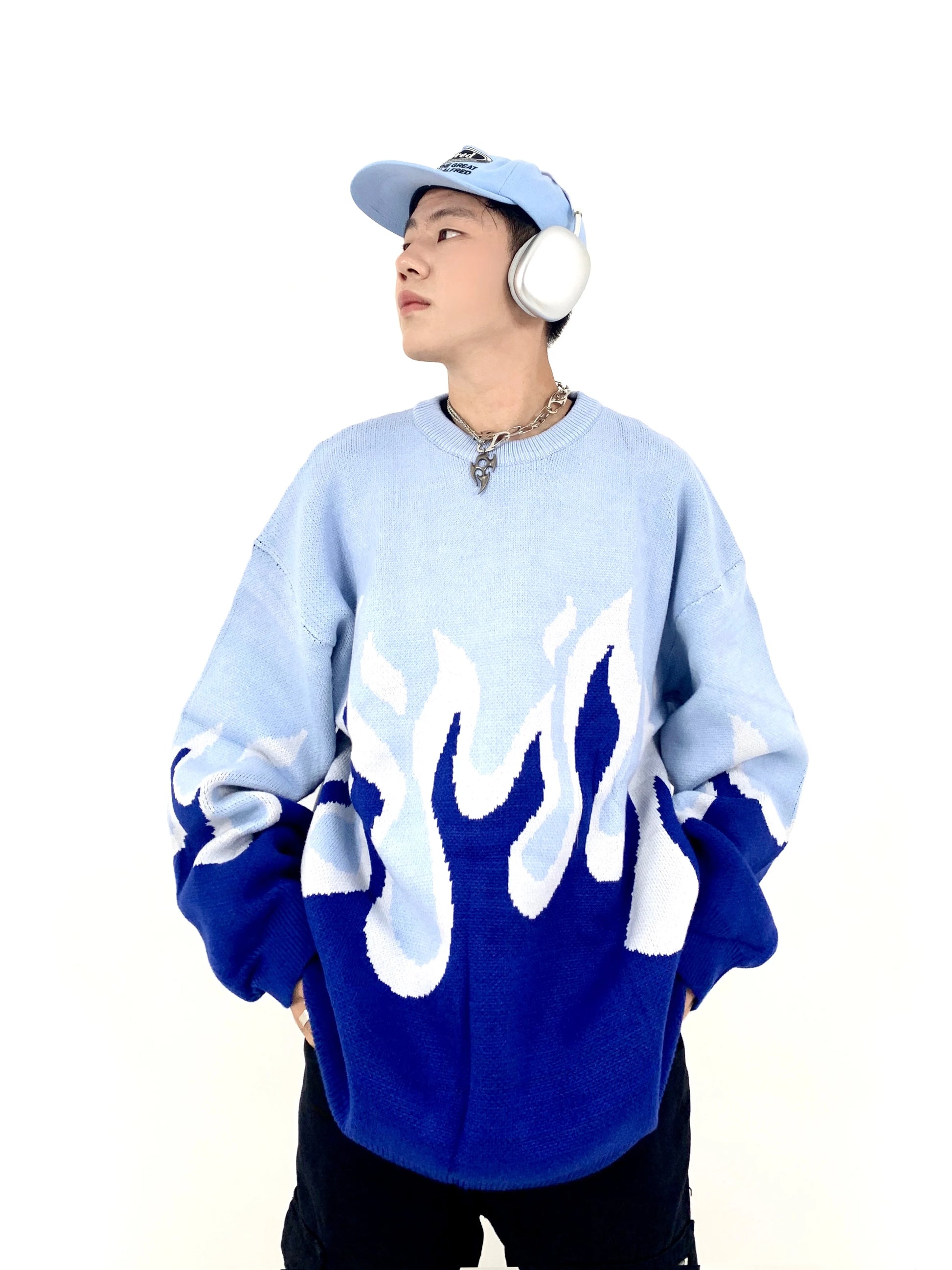 Hip Hop Fire Knitted Oversized Sweater Men Autumn Winter O-neck Long Sleeve Pullover Streetwear New Loose Tops Sweaters Clothing Street King Limited