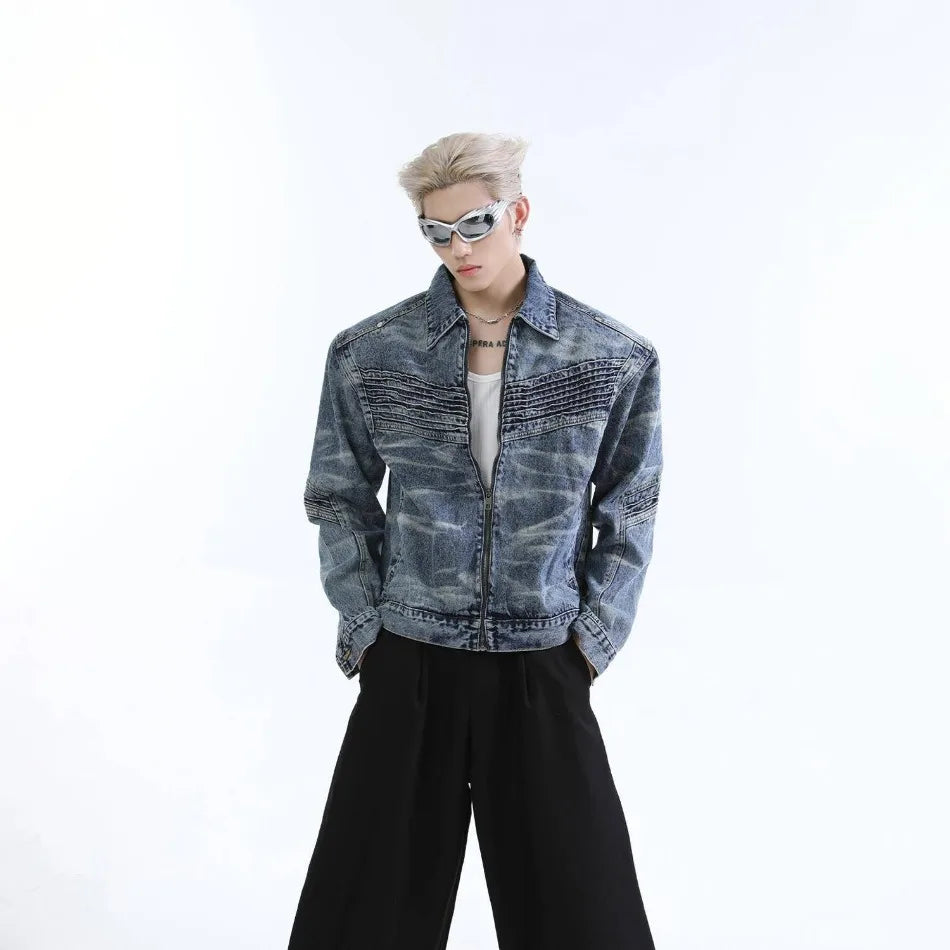 vintage washed mens denim jacket heavy weight high street contour pleat design cowboy coats short motorcycle hip hop outwear unique jeans style 3683